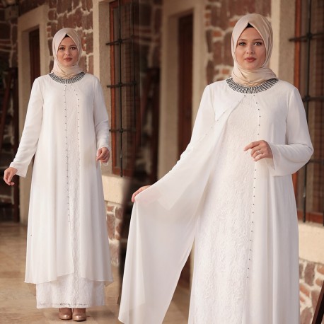 Hijab robe couleur blanche dentelle