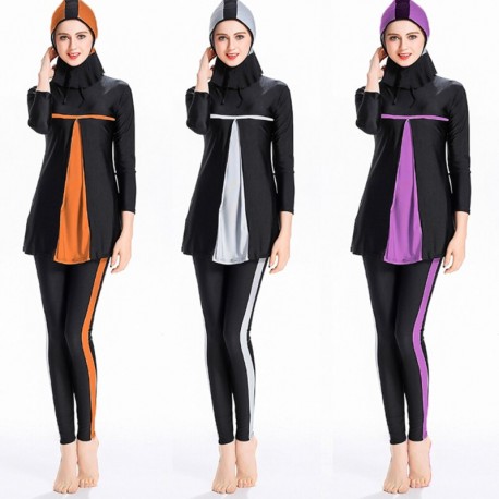 Swimsuit Burkini Color Stripe Muslim Conservative Swimwear Ladies