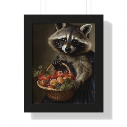 Raccoon with fruit basket Victorian Portrait - Vintage Style Animal Wall Art