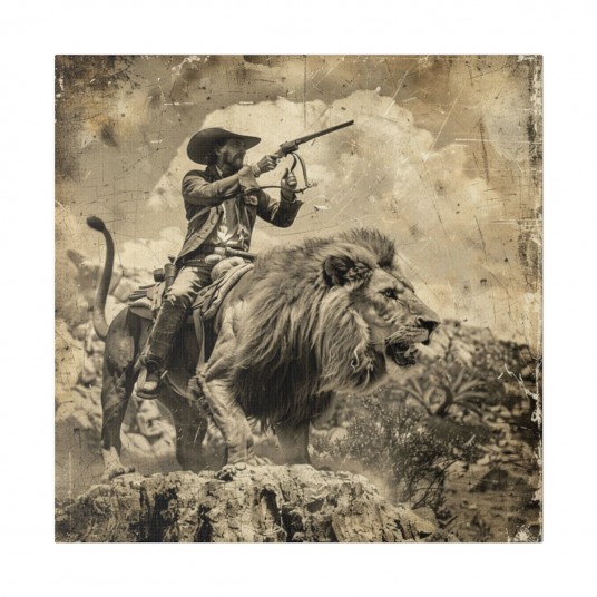 Vintage Cowboy on Lion Print - Wild West Adventure Wall Art - Sepia Tone 