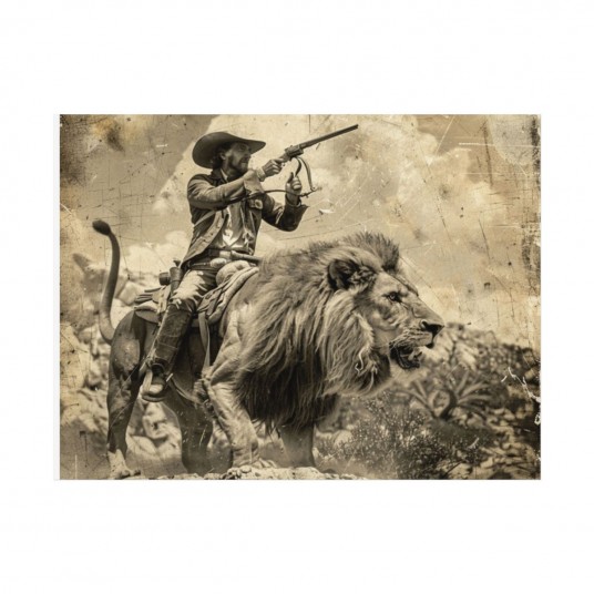 Vintage Cowboy on Lion Print - Wild West Adventure Wall Art- Rolled Posters