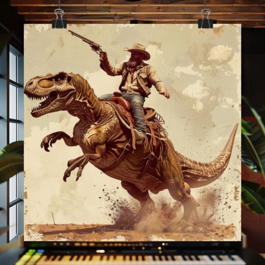 Retro Dinosaur Cowboy Art Print for Dark Academia   Gothic Home Decor