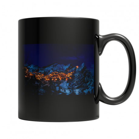 11 ounce Mug with Scene of Snowy Mountain Village at Night
