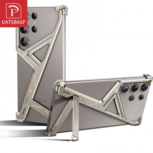 Oatsbasf Metal Phone Case for Samsung Galaxy S24 Ultra Geometric Phone Protective Back Cover Framless Bumper w/ Adjust Kickstand