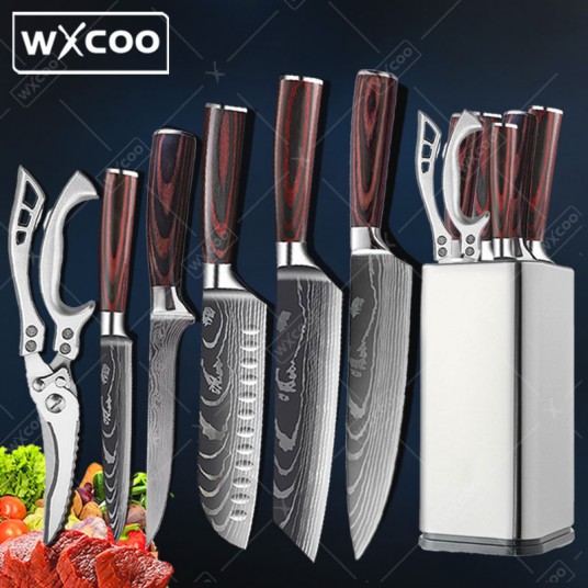 7 Pcs High Carbon Damascus Gyuto Cleaver Set Kitchen Chef Knives Stainless Steel Holder Scissors Shears