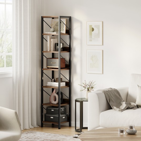 Bookshelf Narrow Bookcase Tall Skinny Storage Rack Shelf 6 Tier Industrial Bookshelf Display Racks for Home Office
