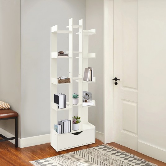 Floor Standing Bookshelf Multi-Layer Storage Cabinet HomeBedroom Shelf 15 Compartments with Cabinets Bookshelf, White