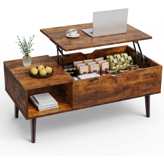 Lift Top Coffee Tables for Living Room, Small Rising Wooden Dining Center Tables with Storage Shelf and Hidden Compartment