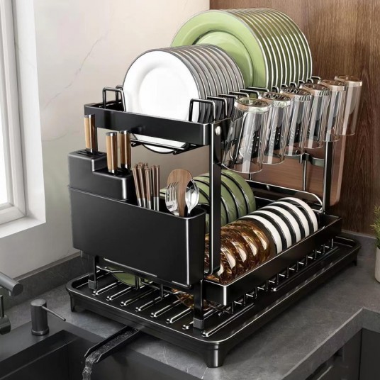 For kitchen countertops, use a two-layer dish drying rack and a kitchen countertop dish draining rack with a draining board