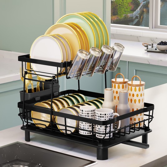 Dish Drying Rack, 2-Tier Stainless Steel Dish Racks for Kitchen Counter, Large Capacity Dish Rack with Removable Utensil Holder,
