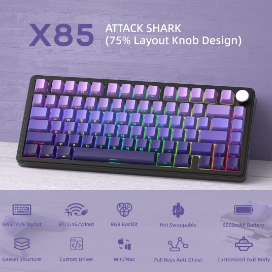 ATTACK SHARK X85 Wireless Mechanical Gaming Keyboard with Knob Hot Swappable BT5.1/2.4Ghz/USB-C Side Print PBT Keycaps 75% Gaske