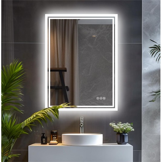 LED Light Bathroom Mirror Illuminated Wall Mounted Vanity Makeup Anti-Fog Rectangle 3 Colors Touch Light