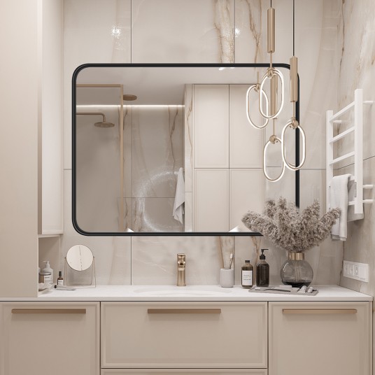 Matte Metal Framed Bathroom Mirror for Wall,Vanity Rectangle Rounded Corner Tempered Glass Mirror,Clear Reflection,Modern