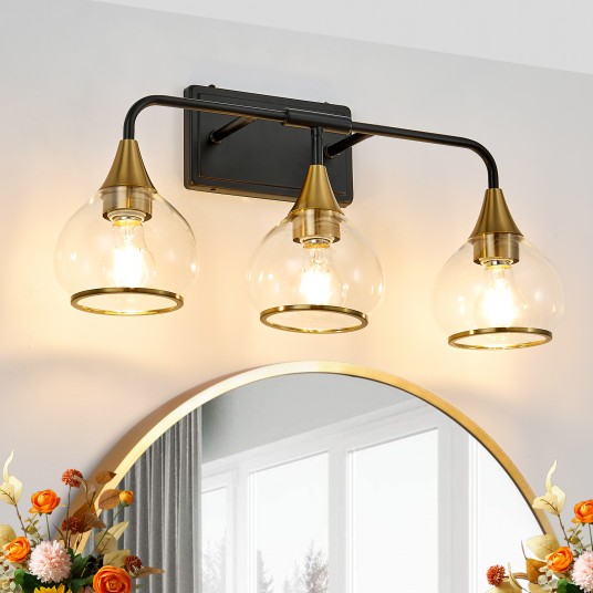 Modern Vanity Wall Sconce - Black & Gold Bathroom Light Fixture with Clear Glass Shades, Industrial Wall Mounted Lamp