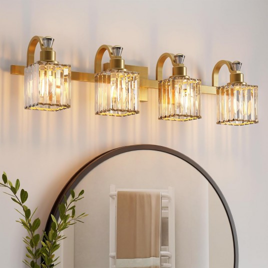 Crystal Vanity Light Fixtures 4-Light Wall Sconces for Bathroom Gold Modern Wall Mount Lanterns Wall Lamp for Mirror Living Room