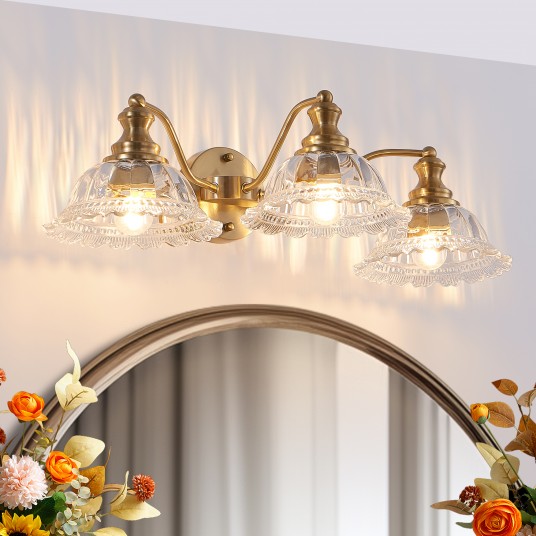 24 Inch 3-Light Vintage Bathroom Wall Sconce – Elegant Golden Metal and Glass Lampshade Vanity Light Fixture (No Bulb)