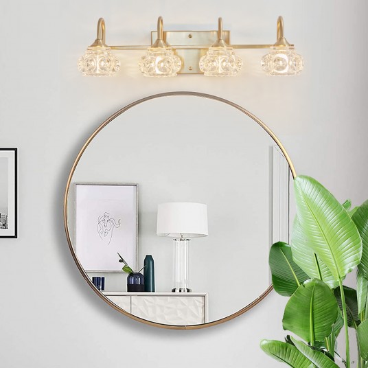 Modern Crystal Bathroom Vanity Light, 4-Light Golden Wall Sconce with Clear Glass Shade, Elegant Wall Mount Lighting (No Bulbs)