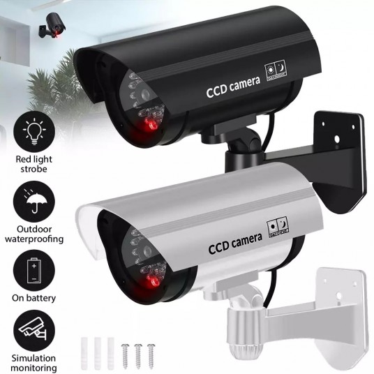 Fake Dummy Camera Security Surveillance CCTV  Silver/Black With Red LED Flashing Light Waterproof Outdoor Indoor Silver/Black