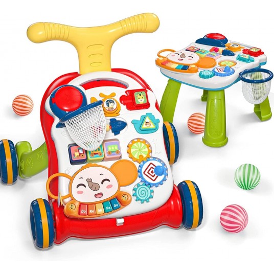 CUTE STONE Sit-to-Stand Walker, 2-in-1 Baby Activity Center, Play Panel, Music Learning Toy