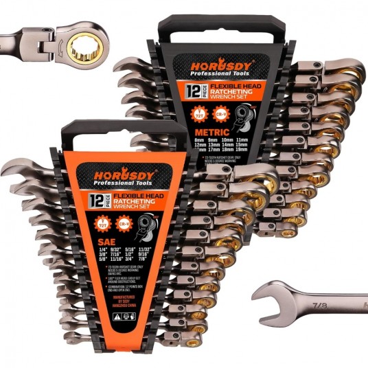 24-Piece Flex-Head Ratcheting Wrench Set | Metric and SAE | Ratchet Combination Wrenches Set with Organizer | 72-Teeth